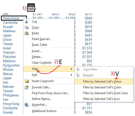 Excel Tips - Filter by selection with Menu Key 4