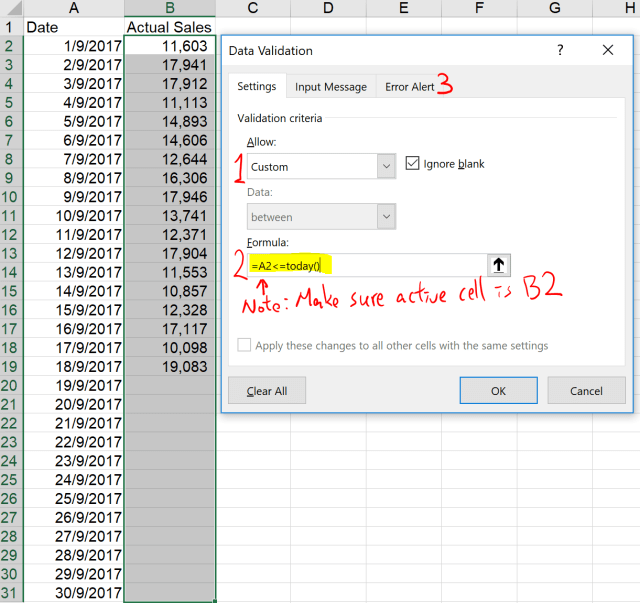 Excel Tip - Data Validation to restrict input to fututre days
